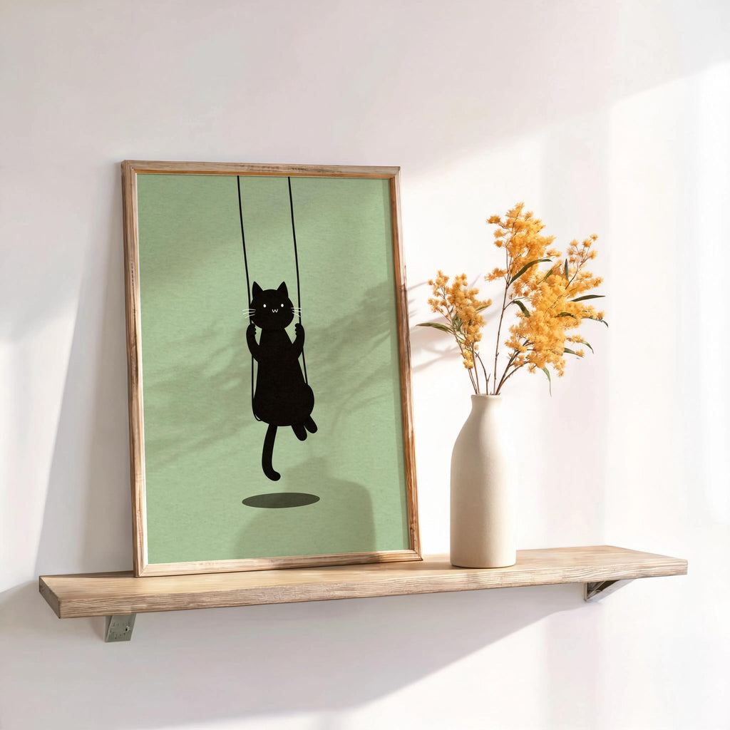 Swinging Black Cat Print, Minimal Feline Poster, Neutral Kids Room Decor, Whimsical Nursery Illustration, Cute Animal Wall Art,