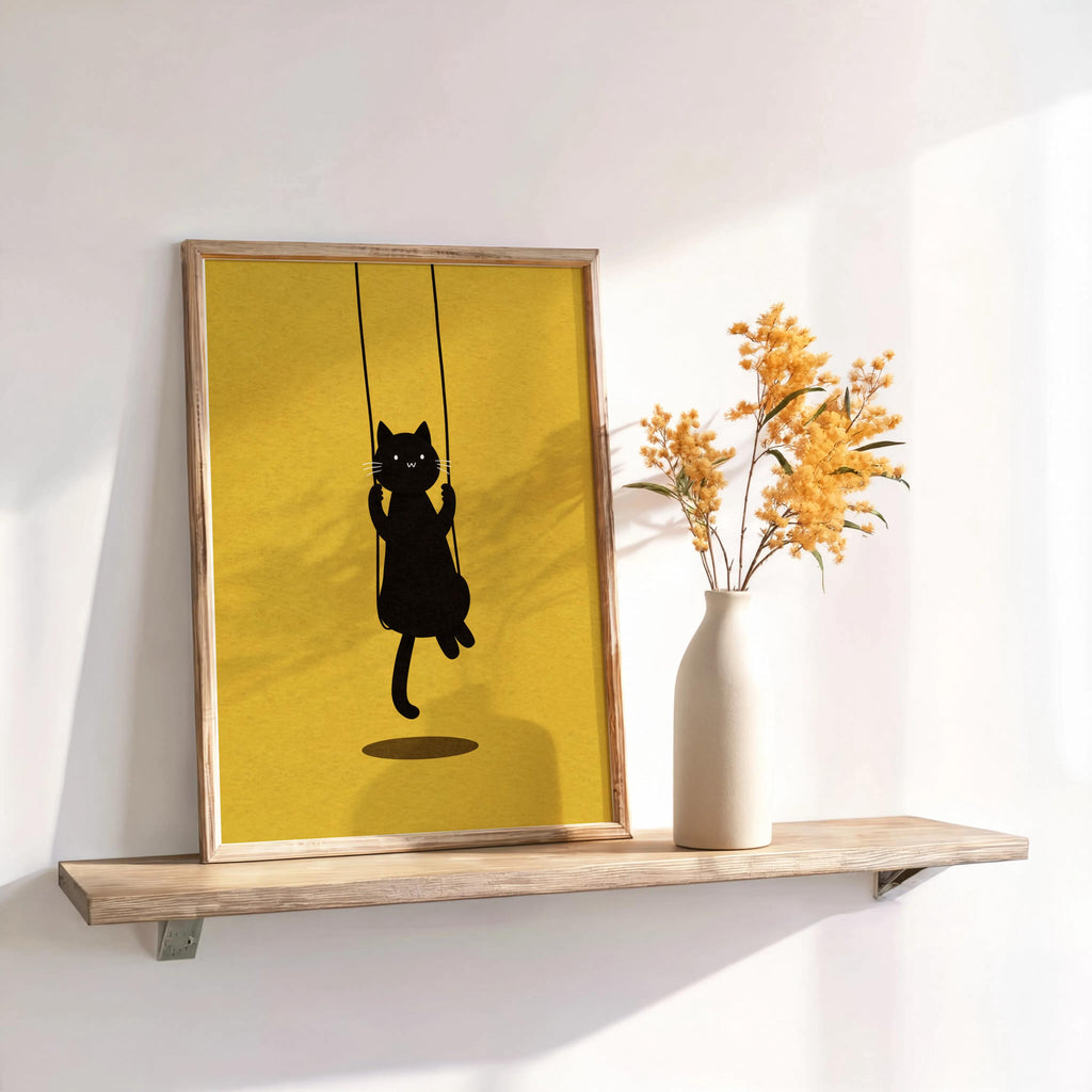 Swinging Black Cat Print, Minimal Feline Poster, Neutral Kids Room Decor, Whimsical Nursery Illustration, Cute Animal Wall Art,