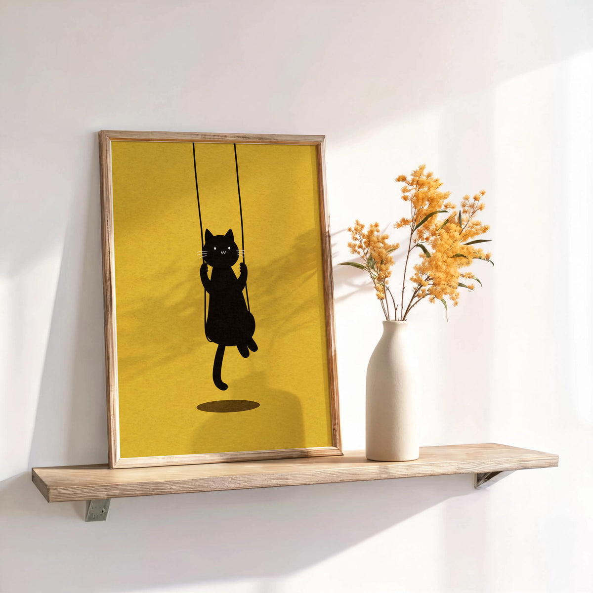 Swinging Black Cat Print, Minimal Feline Poster, Neutral Kids Room Decor, Whimsical Nursery Illustration, Cute Animal Wall Art,