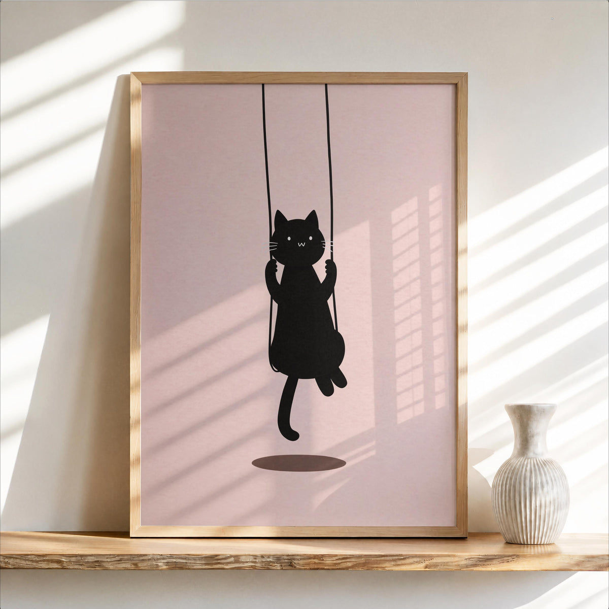 Swinging Black Cat Print, Minimal Feline Poster, Neutral Kids Room Decor, Whimsical Nursery Illustration, Cute Animal Wall Art,