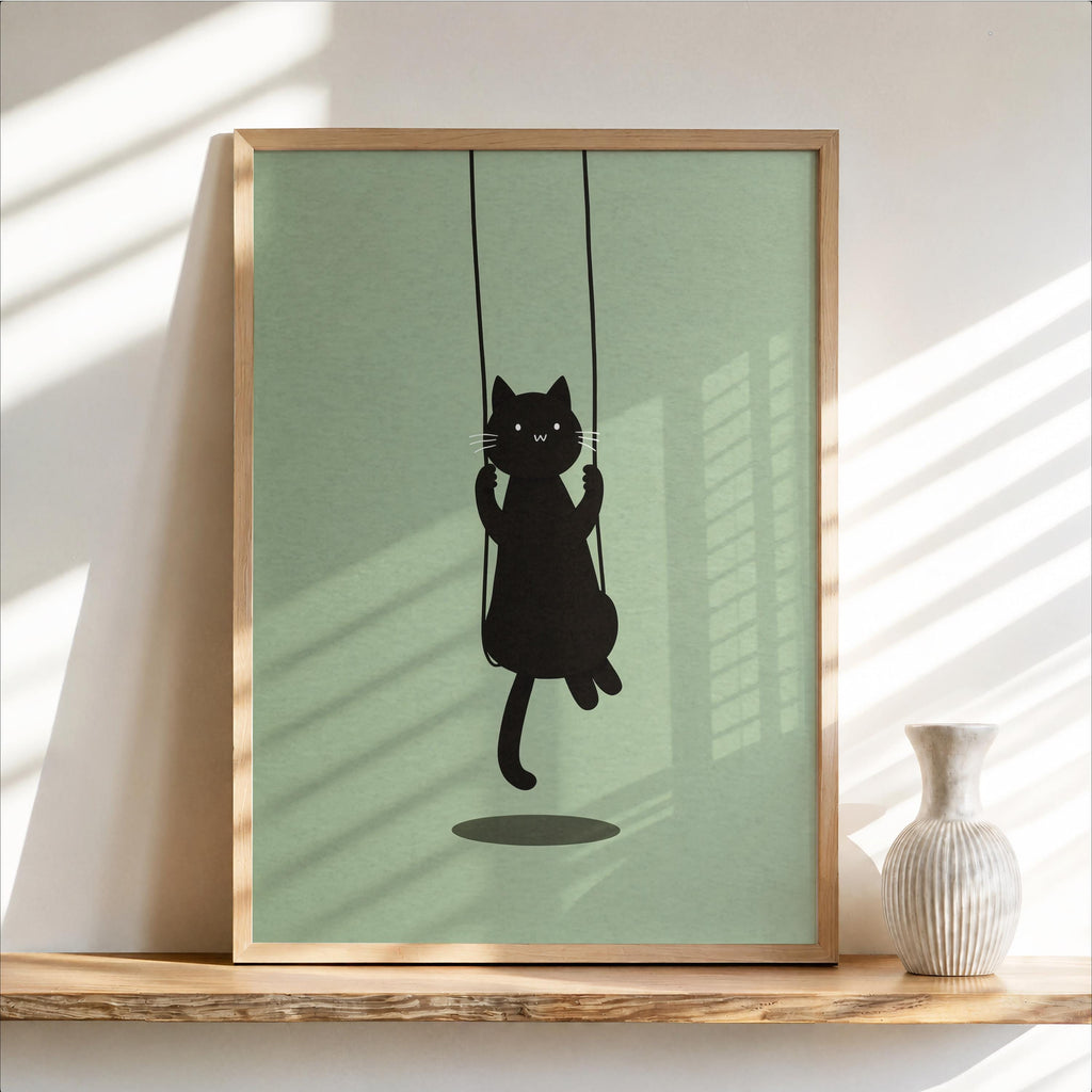 Swinging Black Cat Print, Minimal Feline Poster, Neutral Kids Room Decor, Whimsical Nursery Illustration, Cute Animal Wall Art,