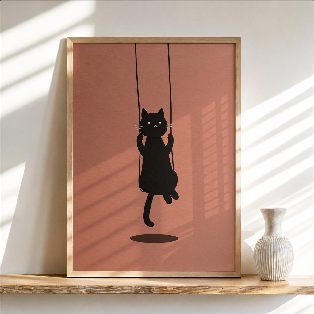 Swinging Black Cat Print, Minimal Feline Poster, Neutral Kids Room Decor, Whimsical Nursery Illustration, Cute Animal Wall Art,