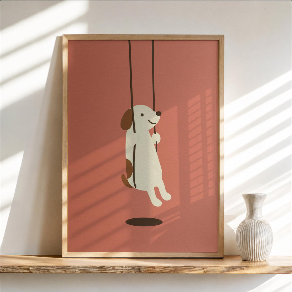 Minimal Dog Swinging Poster, Cute Puppy Print, Neutral Children Decor, Kids Nursery Wall Accent, Dog Lover Gift