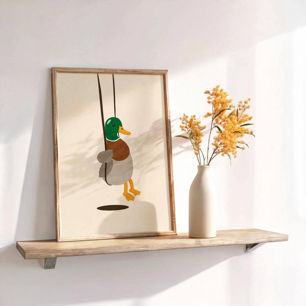 Cute Duck Swinging Print, Minimalist Bird Poster, Soft Mallard Room Decor, Whimsical Animal Art, Kids Bedroom Accent, Farm & Nature Gift