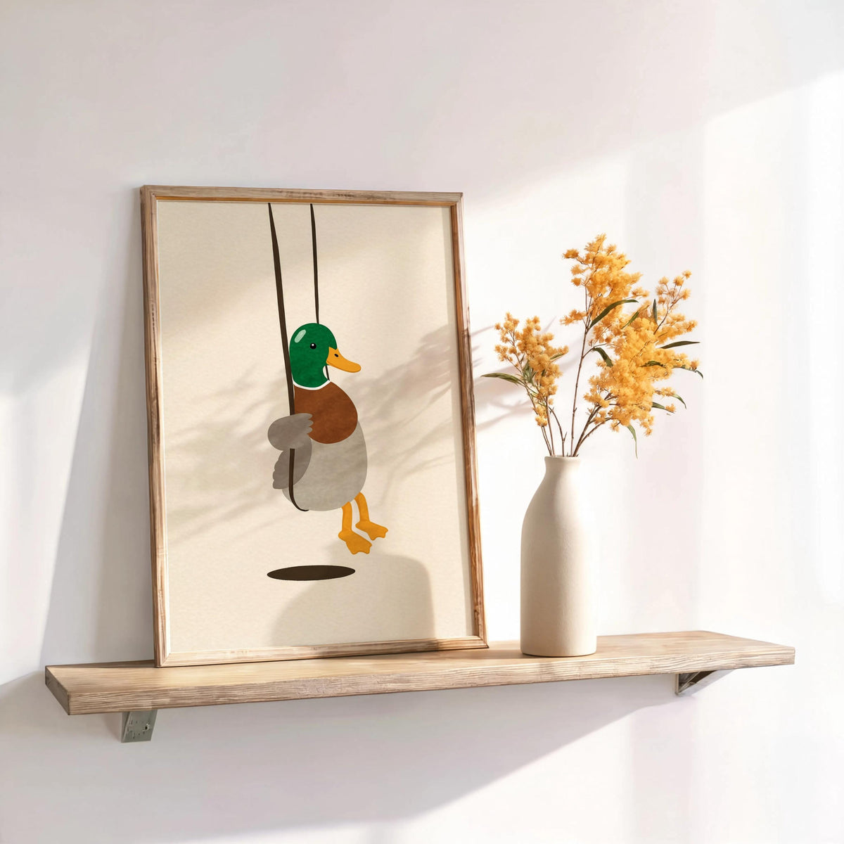 Cute Duck Swinging Print, Minimalist Bird Poster, Soft Mallard Room Decor, Whimsical Animal Art, Kids Bedroom Accent, Farm & Nature Gift