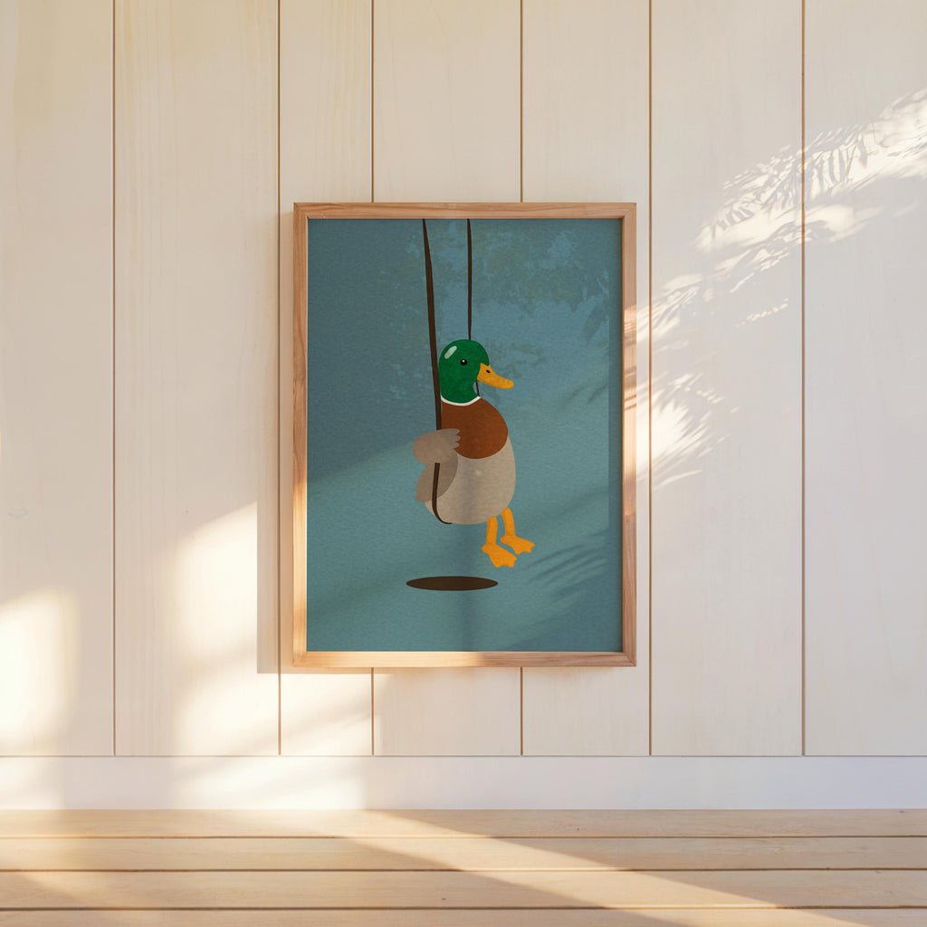 Cute Duck Swinging Print, Minimalist Bird Poster, Soft Mallard Room Decor, Whimsical Animal Art, Kids Bedroom Accent, Farm & Nature Gift