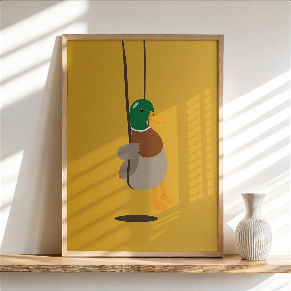 Cute Duck Swinging Print, Minimalist Bird Poster, Soft Mallard Room Decor, Whimsical Animal Art, Kids Bedroom Accent, Farm & Nature Gift