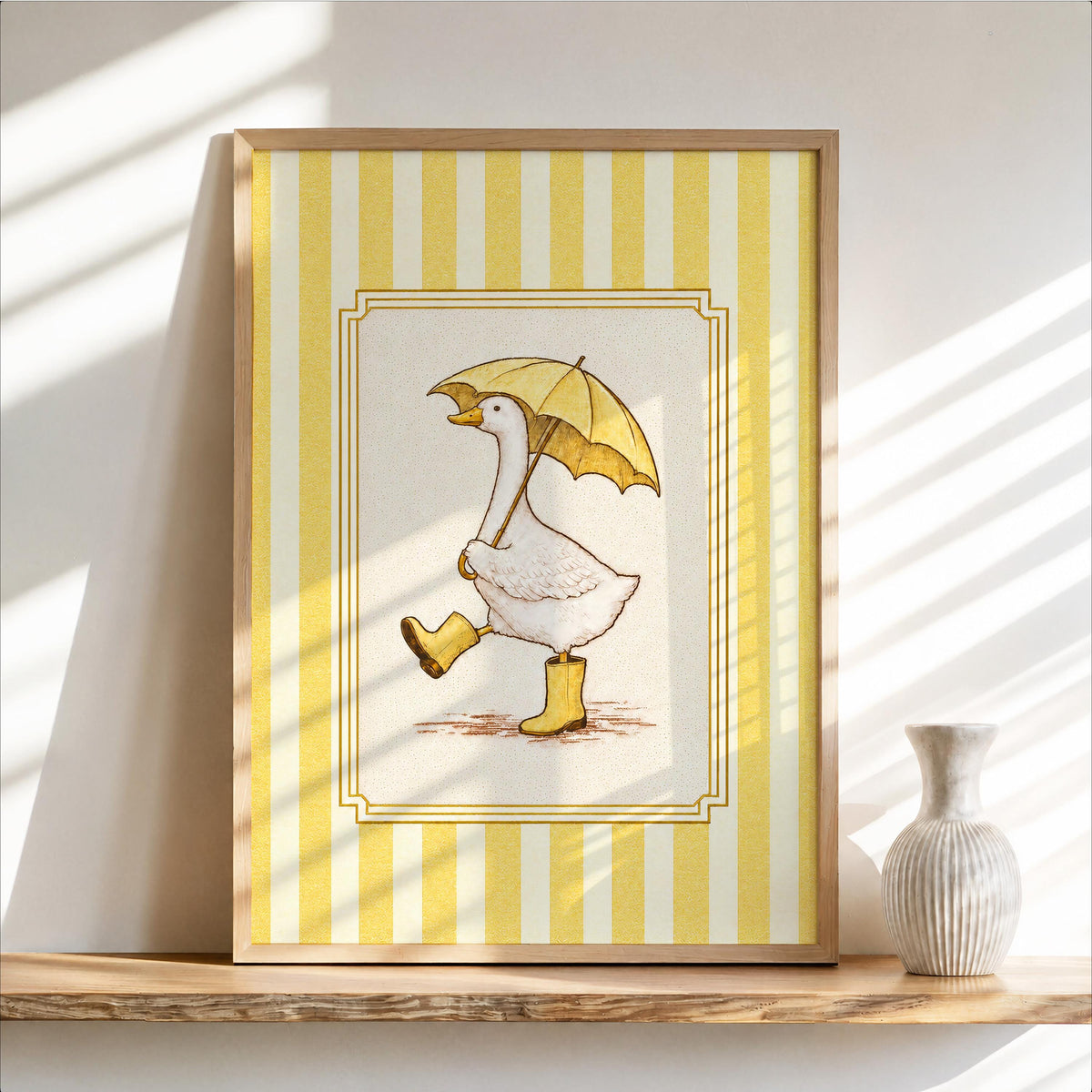 Silly Goose & Umbrella Print, Duck in Rain Boots Poster, Whimsical Girly Wall Art, Cute Striped Animal Panel, Funny Nursery Bathroom Decor