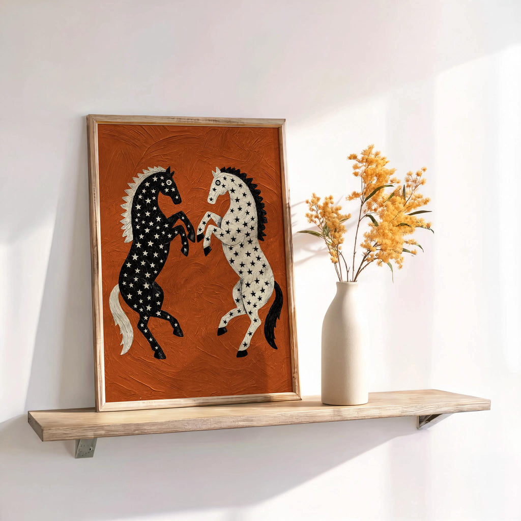 Framed folk art horse print on a narrow shelf, dried stems beside it, warm light highlighting textured rust orange background and star-patterned horses