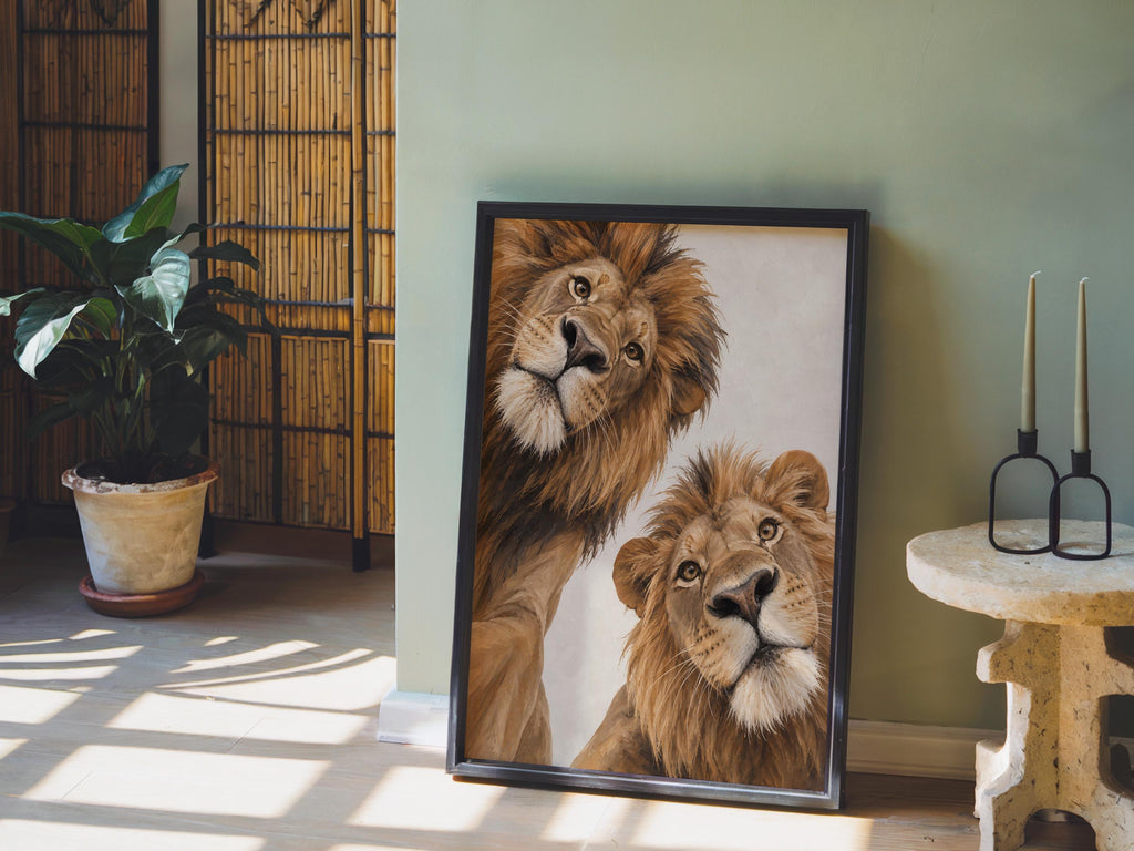 Lion Couple Wall Art, Whimsical Mid Century Print, Safari Jungle Nursery Decor, African Wildlife Poster