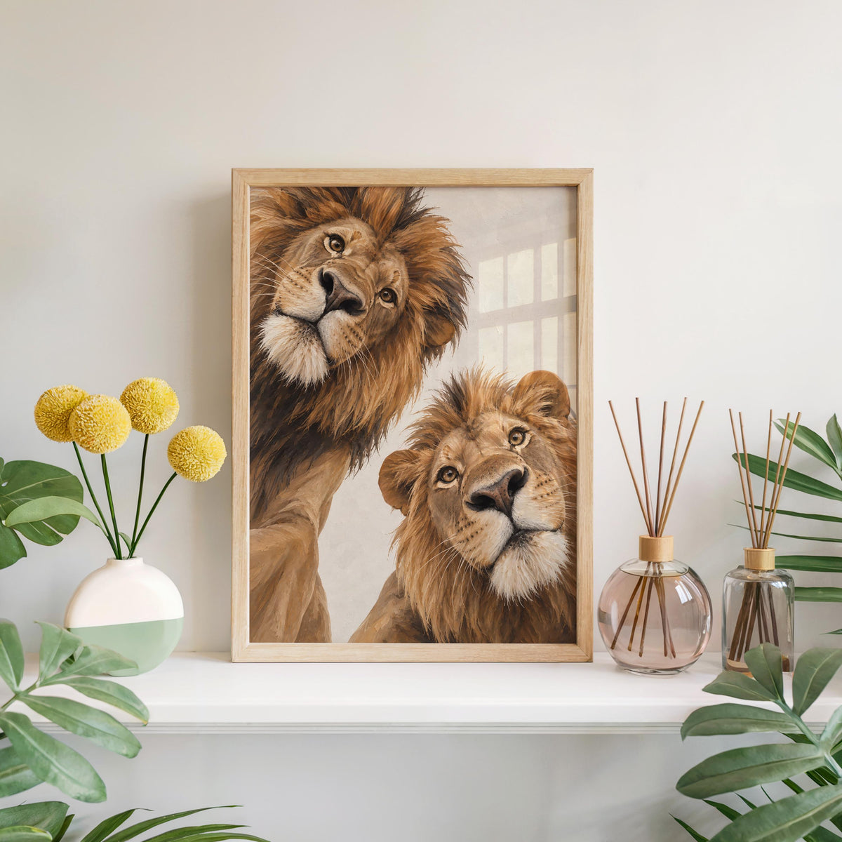 Lion Couple Wall Art, Whimsical Mid Century Print, Safari Jungle Nursery Decor, African Wildlife Poster