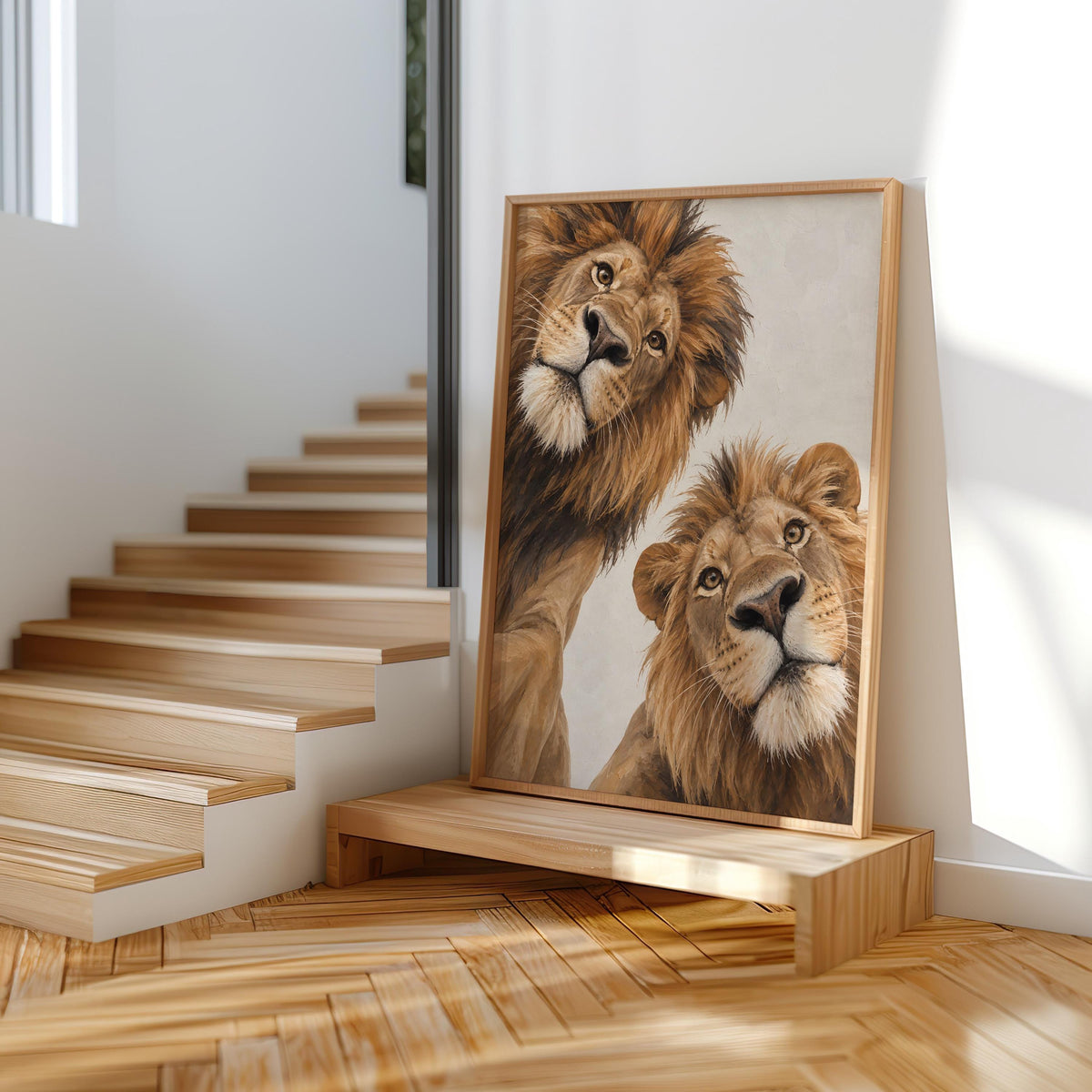 Lion Couple Wall Art, Whimsical Mid Century Print, Safari Jungle Nursery Decor, African Wildlife Poster
