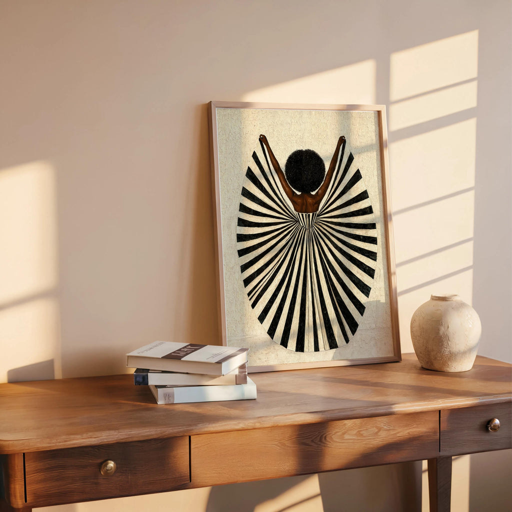 Cream background print leaning on shelf, monochrome fan dress and rounded afro, statement abstract black woman wall art