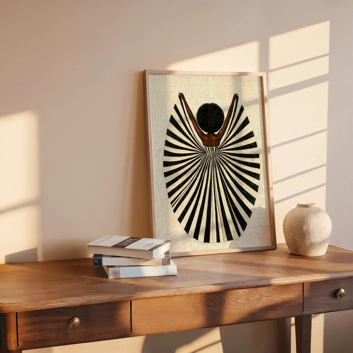 Cream background print leaning on shelf, monochrome fan dress and rounded afro, statement abstract black woman wall art