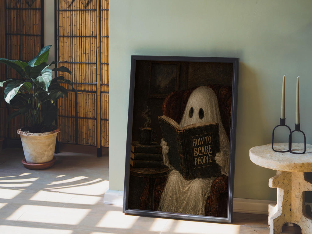 Ghost Reading Book Print, Funny How to Scare People Wall Art, Dark Academia Decor, Halloween Library Print, Humorous Gothic Home Accent