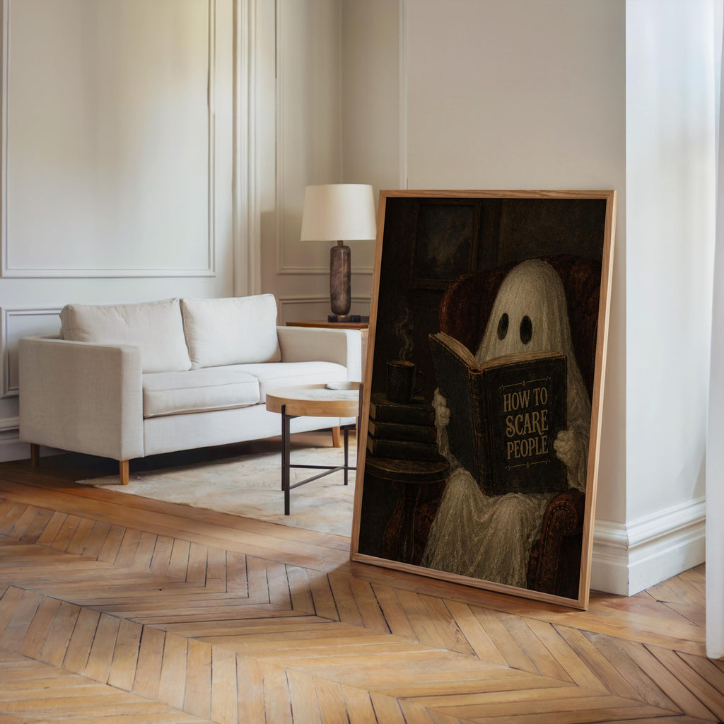 Ghost Reading Book Print, Funny How to Scare People Wall Art, Dark Academia Decor, Halloween Library Print, Humorous Gothic Home Accent