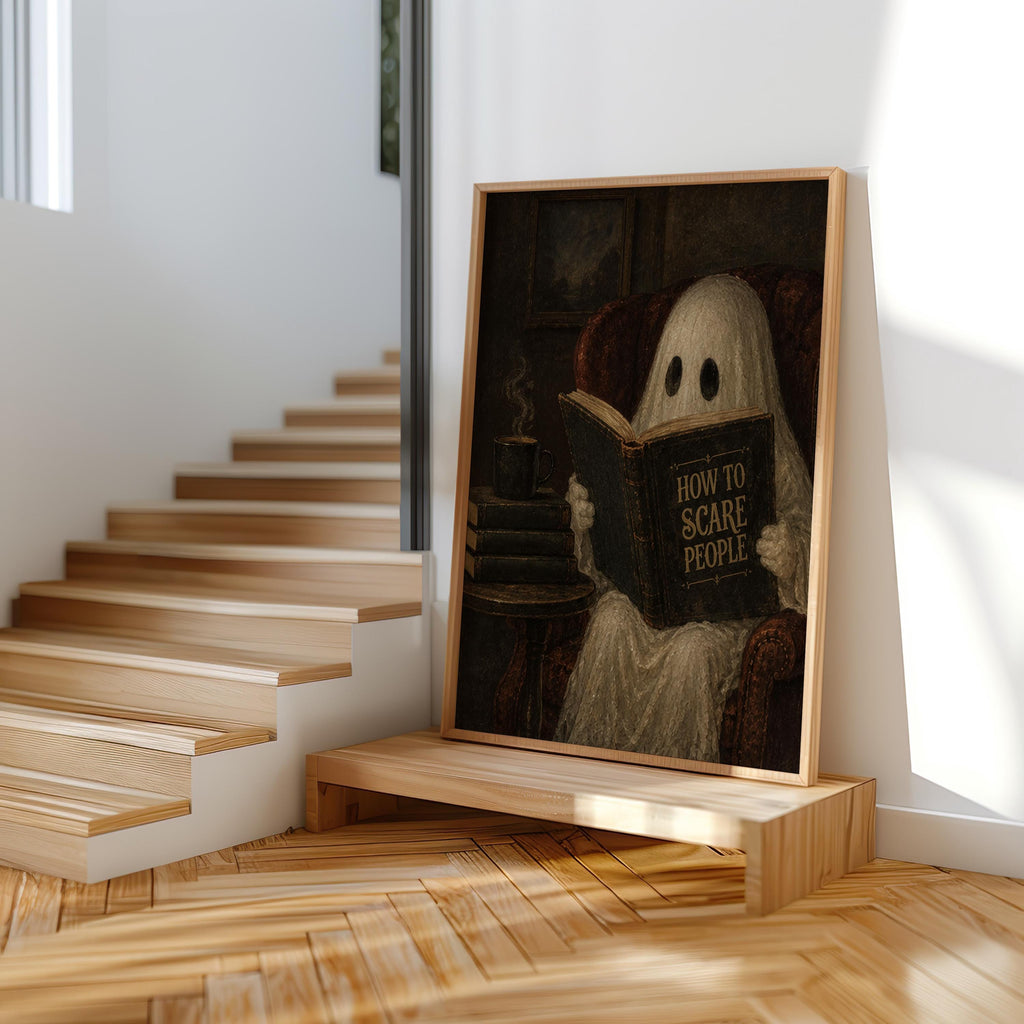 Ghost Reading Book Print, Funny How to Scare People Wall Art, Dark Academia Decor, Halloween Library Print, Humorous Gothic Home Accent