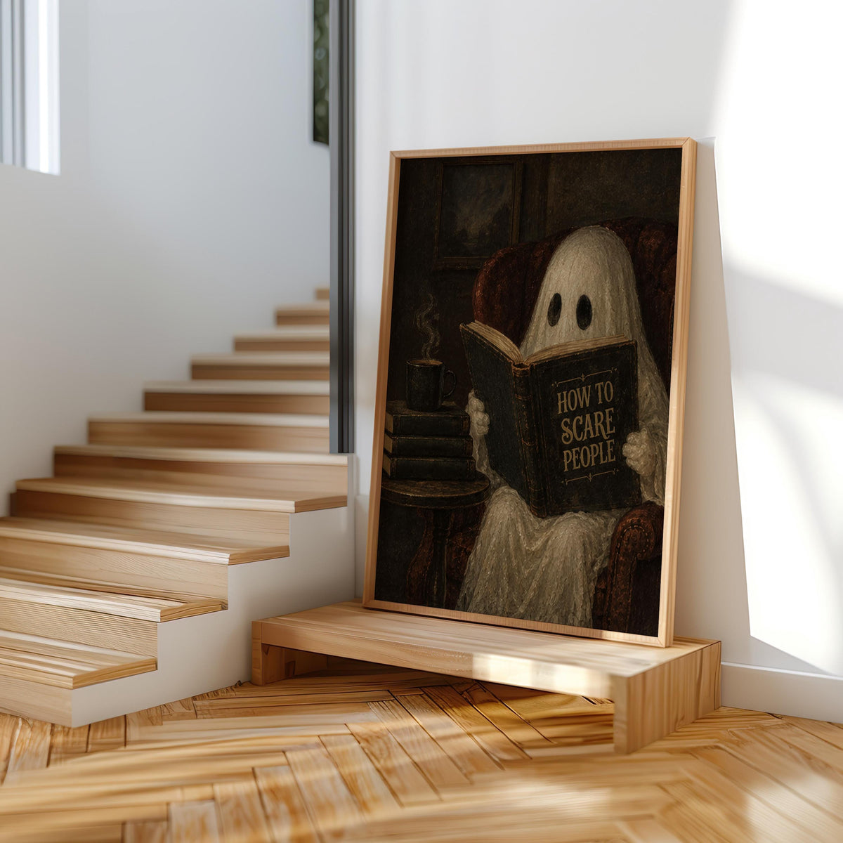 Ghost Reading Book Print, Funny How to Scare People Wall Art, Dark Academia Decor, Halloween Library Print, Humorous Gothic Home Accent