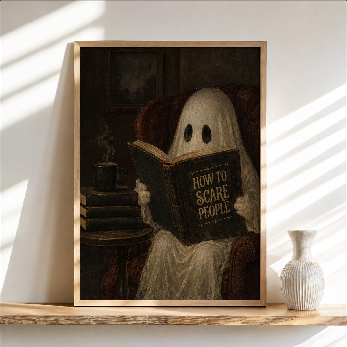 Ghost Reading Book Print, Funny How to Scare People Wall Art, Dark Academia Decor, Halloween Library Print, Humorous Gothic Home Accent