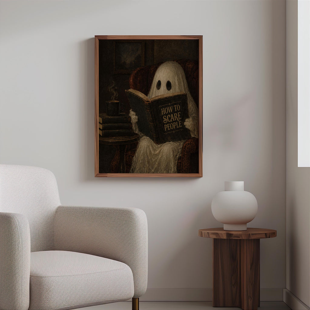 Ghost Reading Book Print, Funny How to Scare People Wall Art, Dark Academia Decor, Halloween Library Print, Humorous Gothic Home Accent