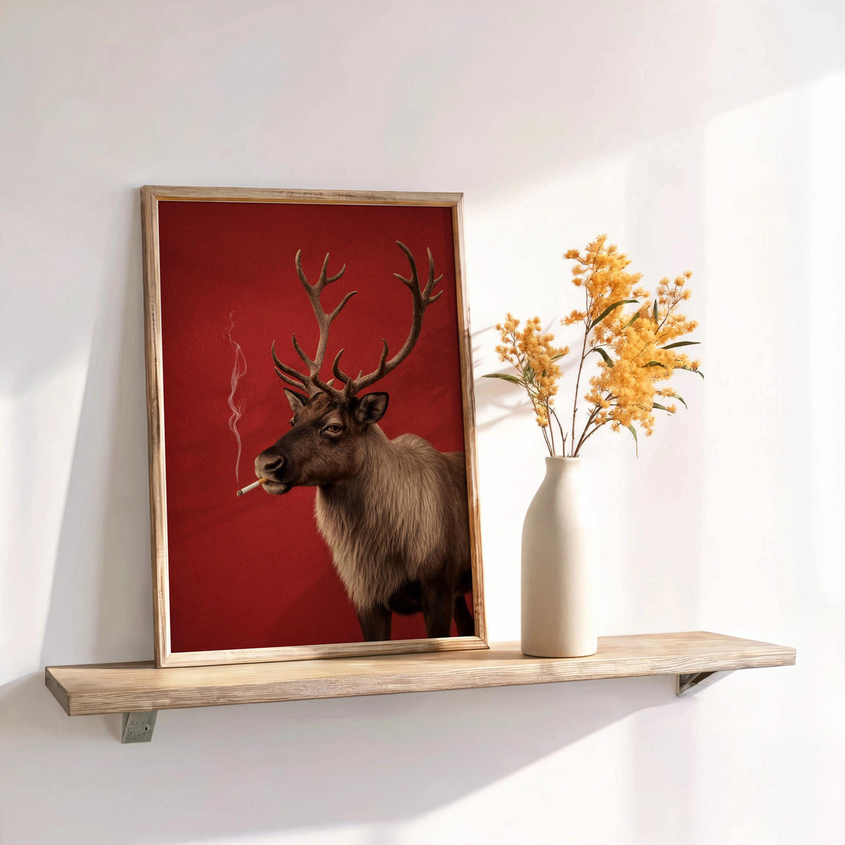Smoking Reindeer Portrait Wall Art, Funny Christmas Print, Rudolp Santa Poster, Funny Animal Bar Cart Decor