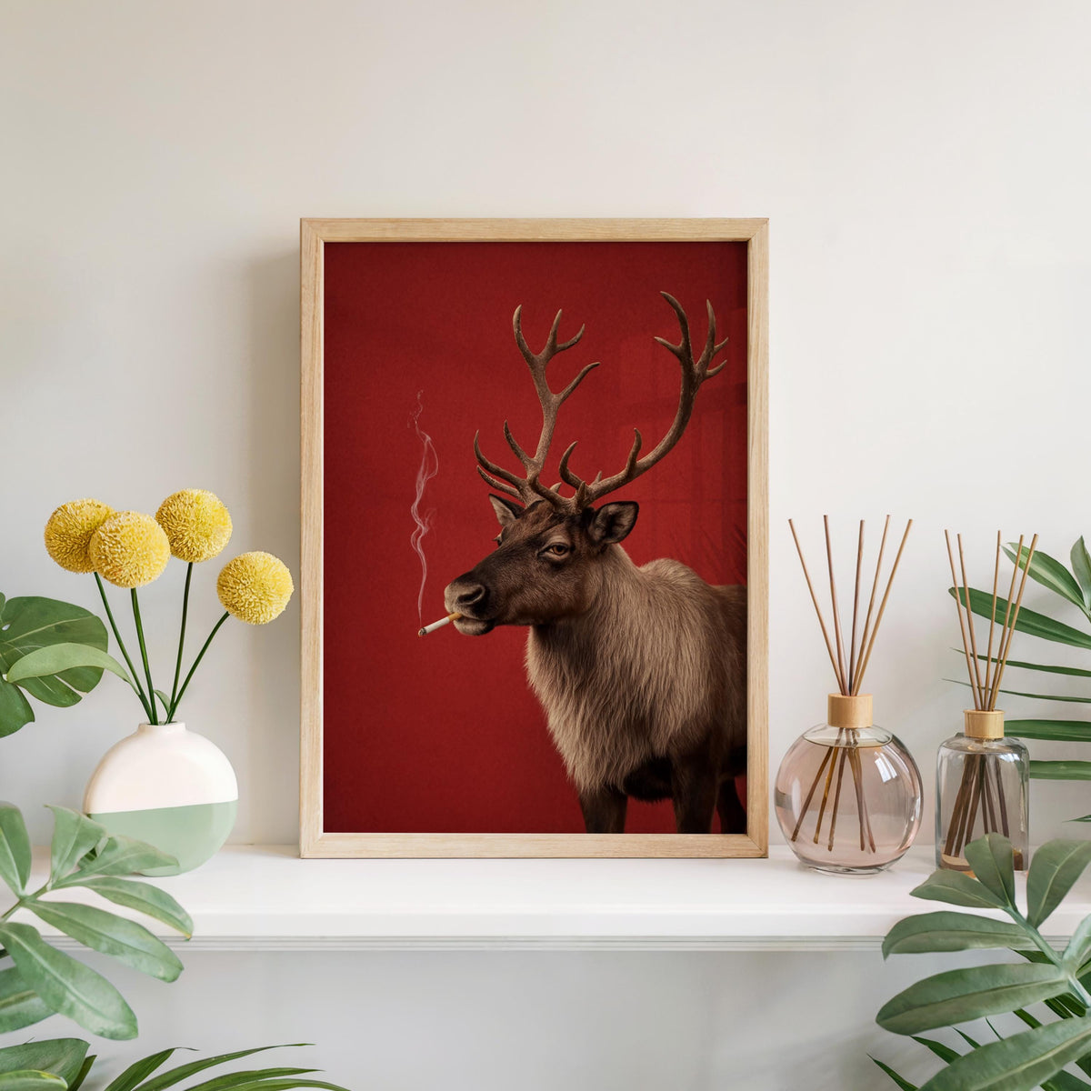 Smoking Reindeer Portrait Wall Art, Funny Christmas Print, Rudolp Santa Poster, Funny Animal Bar Cart Decor