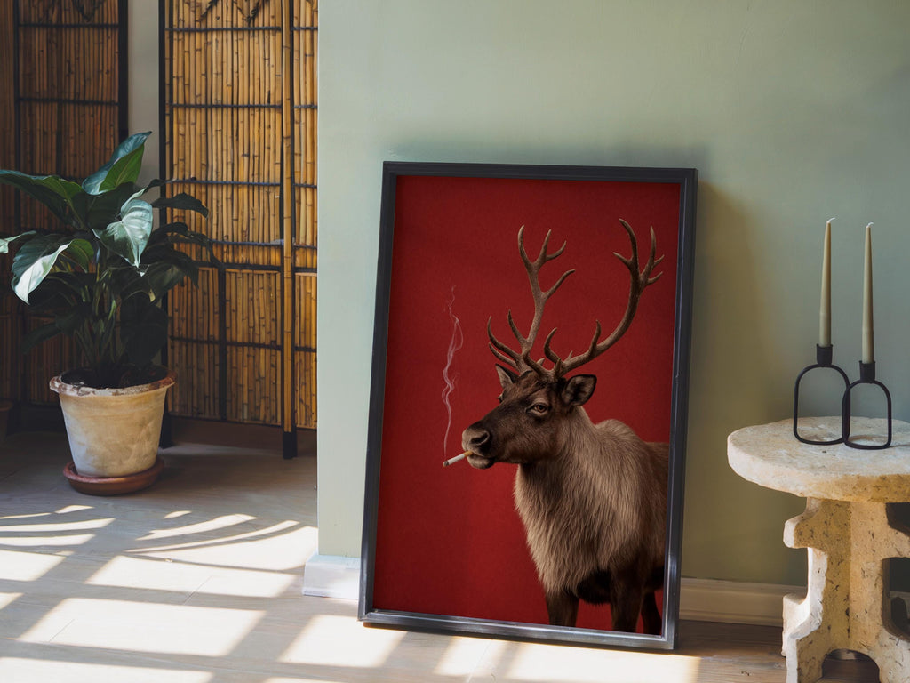 Smoking Reindeer Portrait Wall Art, Funny Christmas Print, Rudolp Santa Poster, Funny Animal Bar Cart Decor