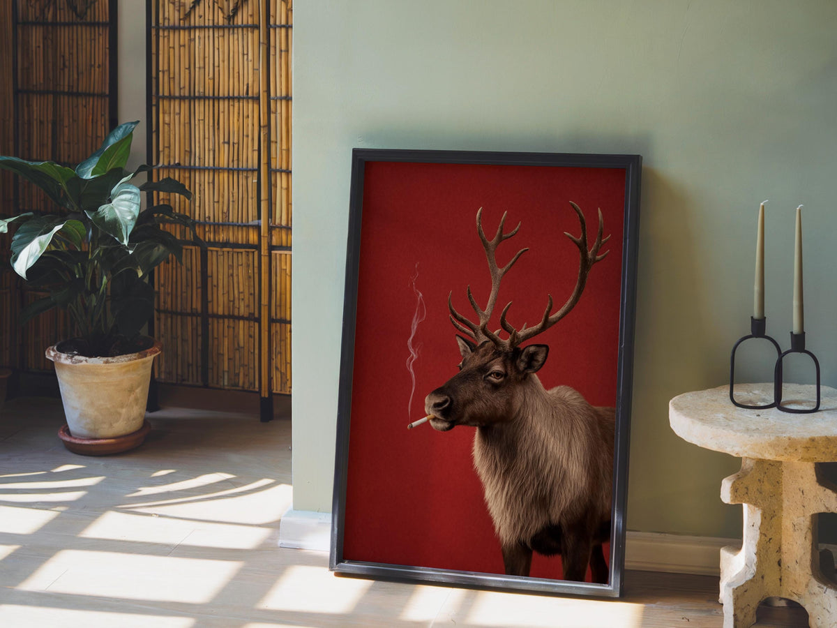 Smoking Reindeer Portrait Wall Art, Funny Christmas Print, Rudolp Santa Poster, Funny Animal Bar Cart Decor