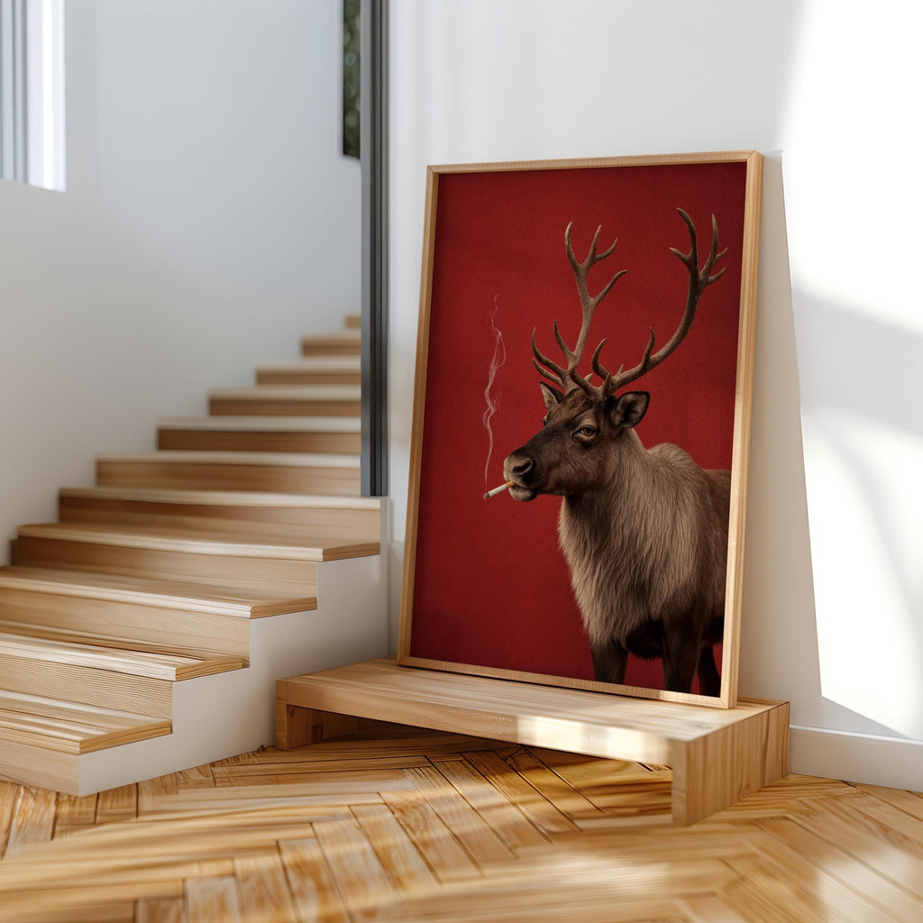 Smoking Reindeer Portrait Wall Art, Funny Christmas Print, Rudolp Santa Poster, Funny Animal Bar Cart Decor