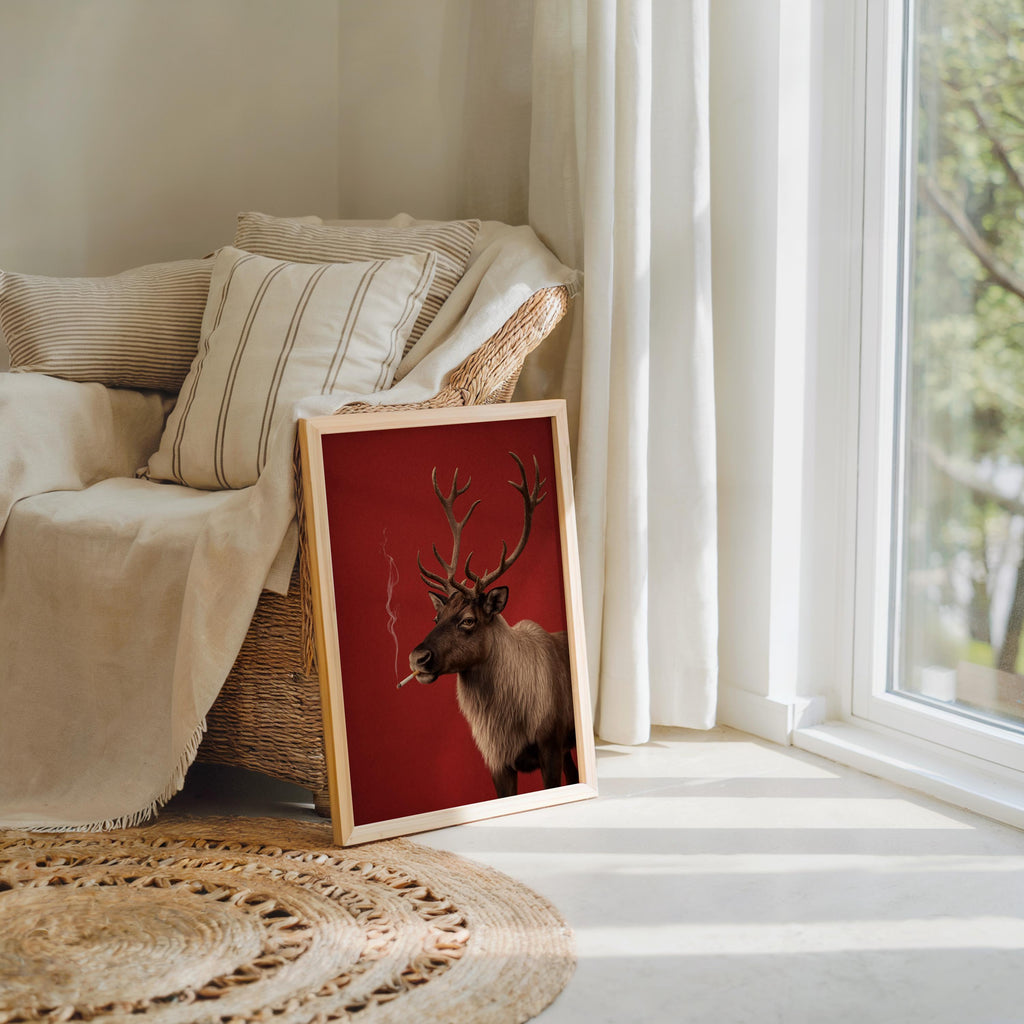 Smoking Reindeer Portrait Wall Art, Funny Christmas Print, Rudolp Santa Poster, Funny Animal Bar Cart Decor
