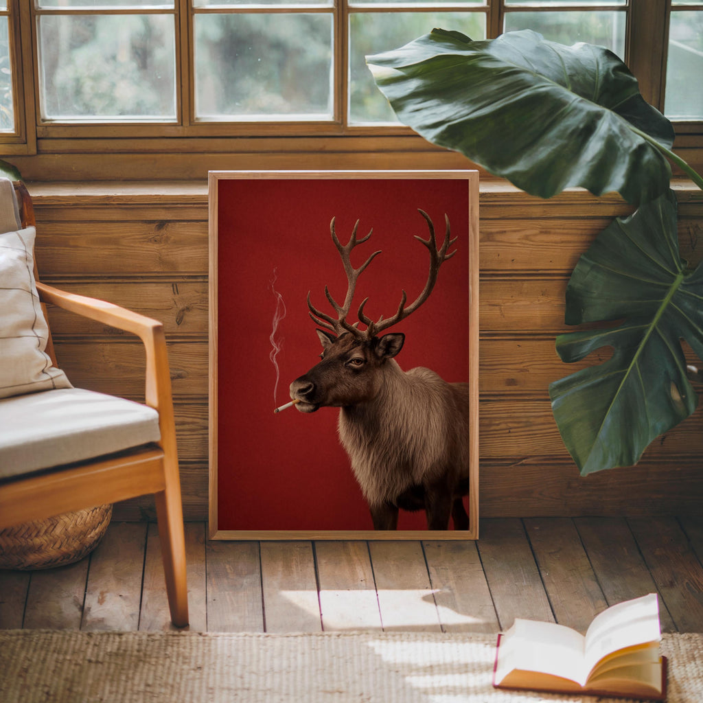 Smoking Reindeer Portrait Wall Art, Funny Christmas Print, Rudolp Santa Poster, Funny Animal Bar Cart Decor