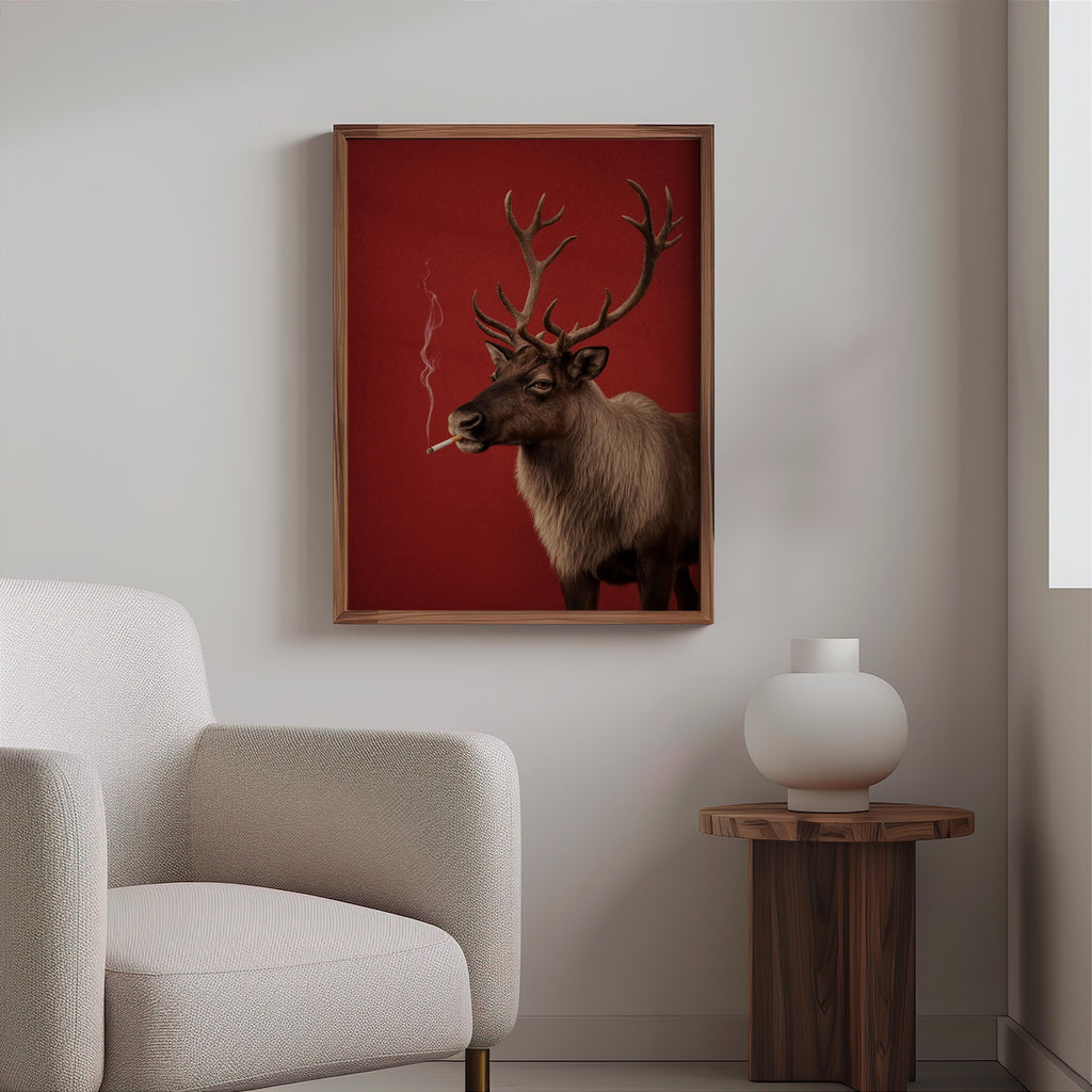 Smoking Reindeer Portrait Wall Art, Funny Christmas Print, Rudolp Santa Poster, Funny Animal Bar Cart Decor