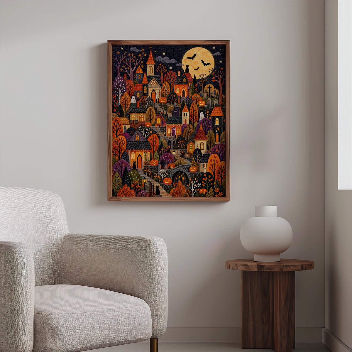 Halloween Village Wall Art, Spooky Town Print, Cozy Pumpkin Autumn Decor, Cute Dark Fall Illustration