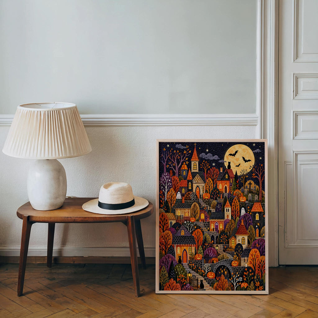 Halloween Village Wall Art, Spooky Town Print, Cozy Pumpkin Autumn Decor, Cute Dark Fall Illustration
