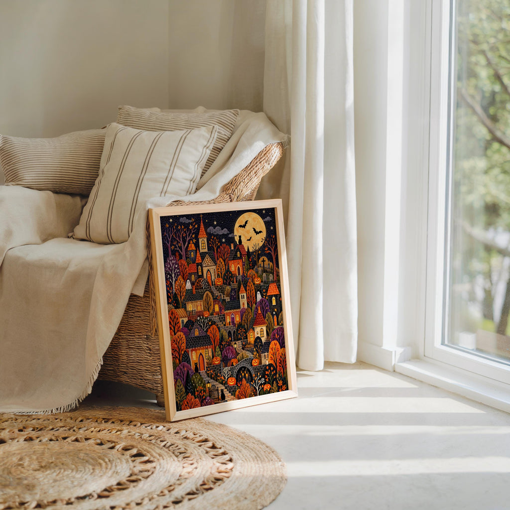 Halloween Village Wall Art, Spooky Town Print, Cozy Pumpkin Autumn Decor, Cute Dark Fall Illustration