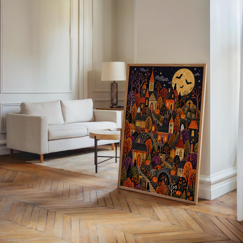 Halloween Village Wall Art, Spooky Town Print, Cozy Pumpkin Autumn Decor, Cute Dark Fall Illustration