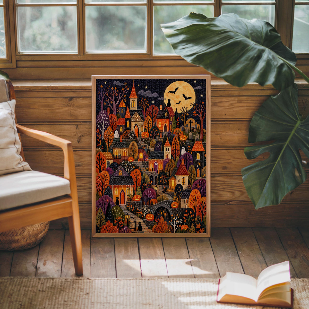 Halloween Village Wall Art, Spooky Town Print, Cozy Pumpkin Autumn Decor, Cute Dark Fall Illustration