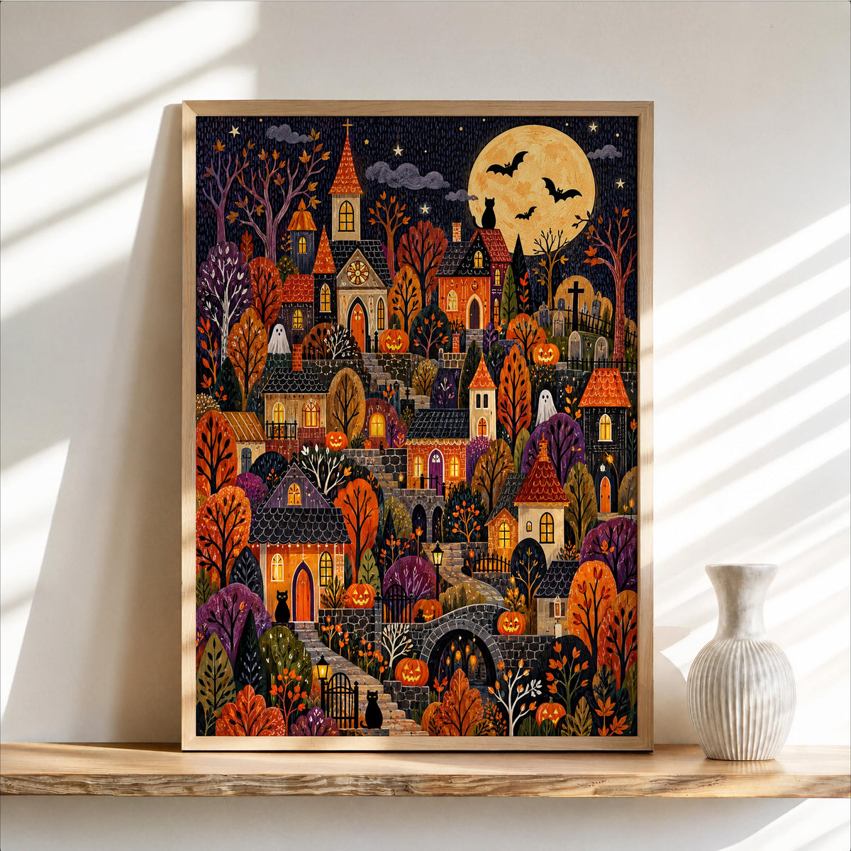 Halloween Village Wall Art, Spooky Town Print, Cozy Pumpkin Autumn Decor, Cute Dark Fall Illustration