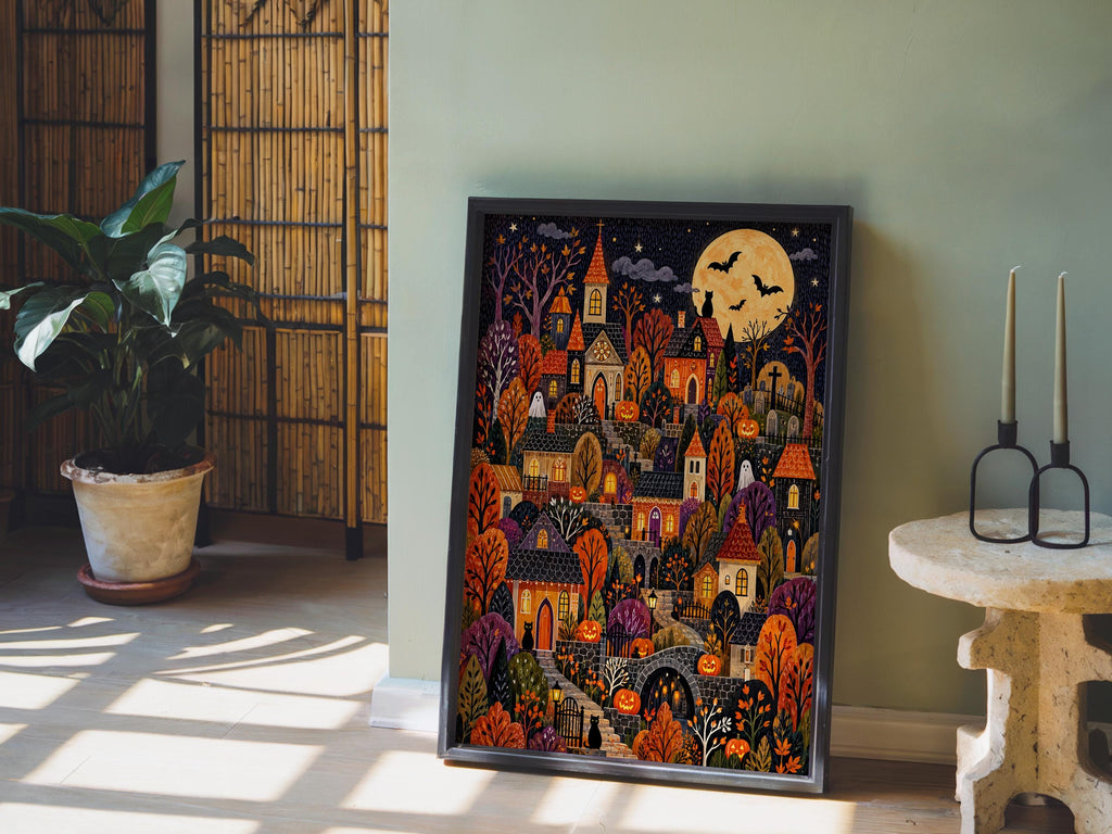 Halloween Village Wall Art, Spooky Town Print, Cozy Pumpkin Autumn Decor, Cute Dark Fall Illustration