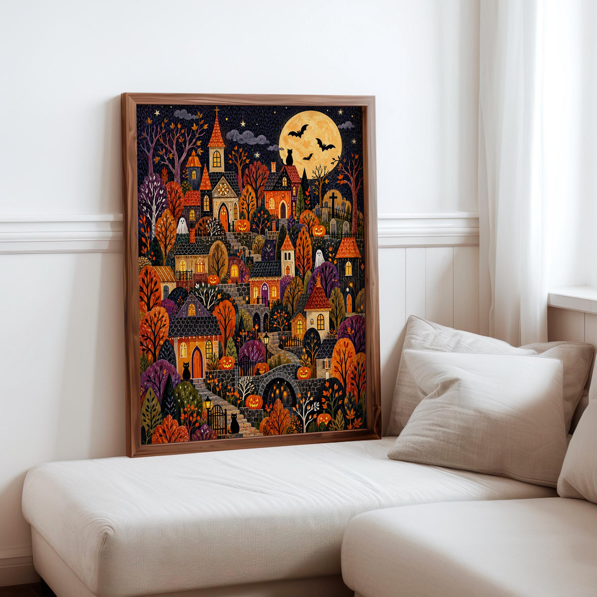 Halloween Village Wall Art, Spooky Town Print, Cozy Pumpkin Autumn Decor, Cute Dark Fall Illustration