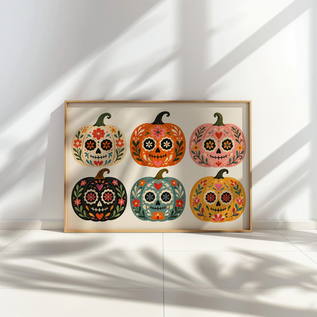 Sugar Skull Pumpkin Wall Art, Mexico Dia de los Muertos Folk Print, Colorful Calavera Halloween Autumn Decor, Mexican Culture Poster