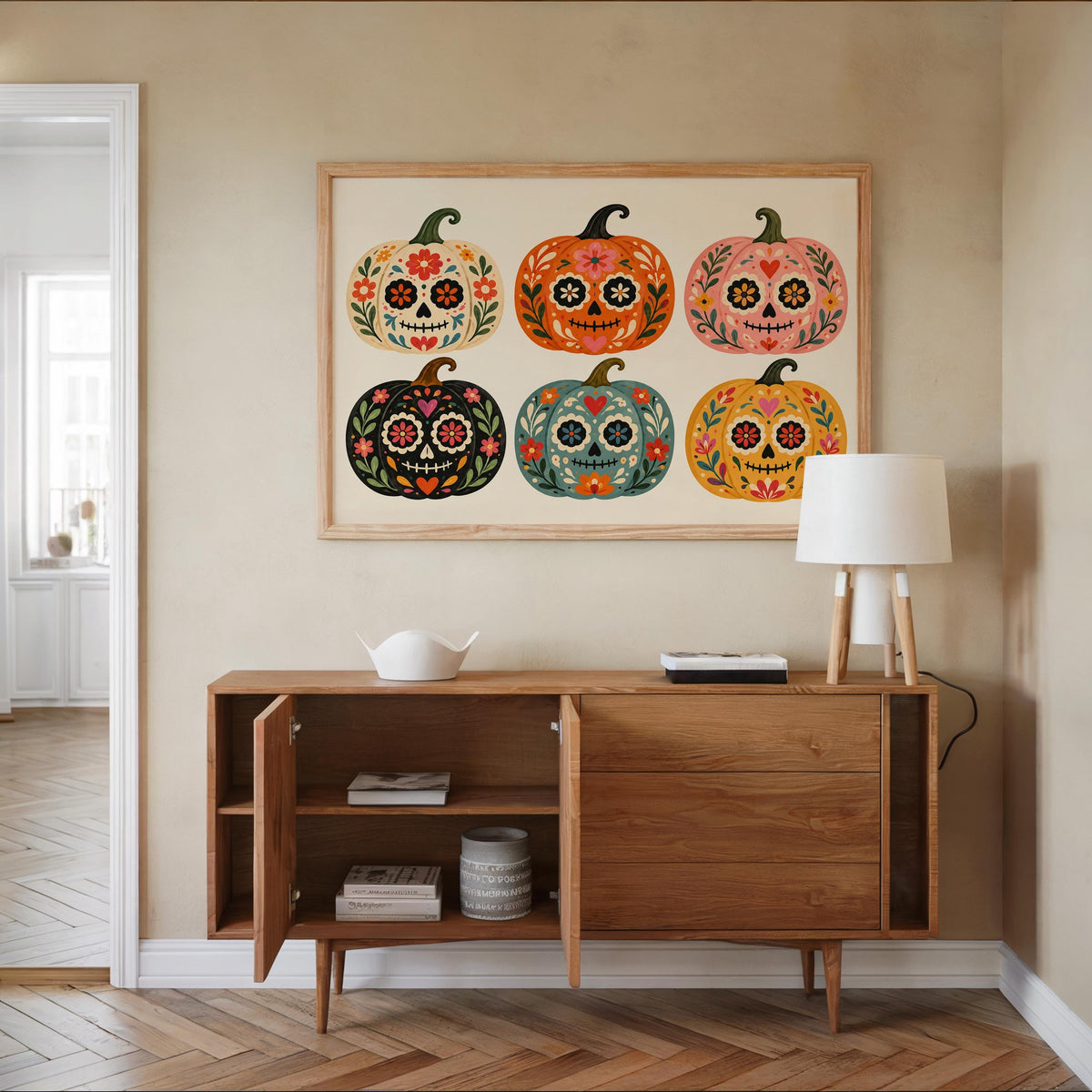 Sugar Skull Pumpkin Wall Art, Mexico Dia de los Muertos Folk Print, Colorful Calavera Halloween Autumn Decor, Mexican Culture Poster