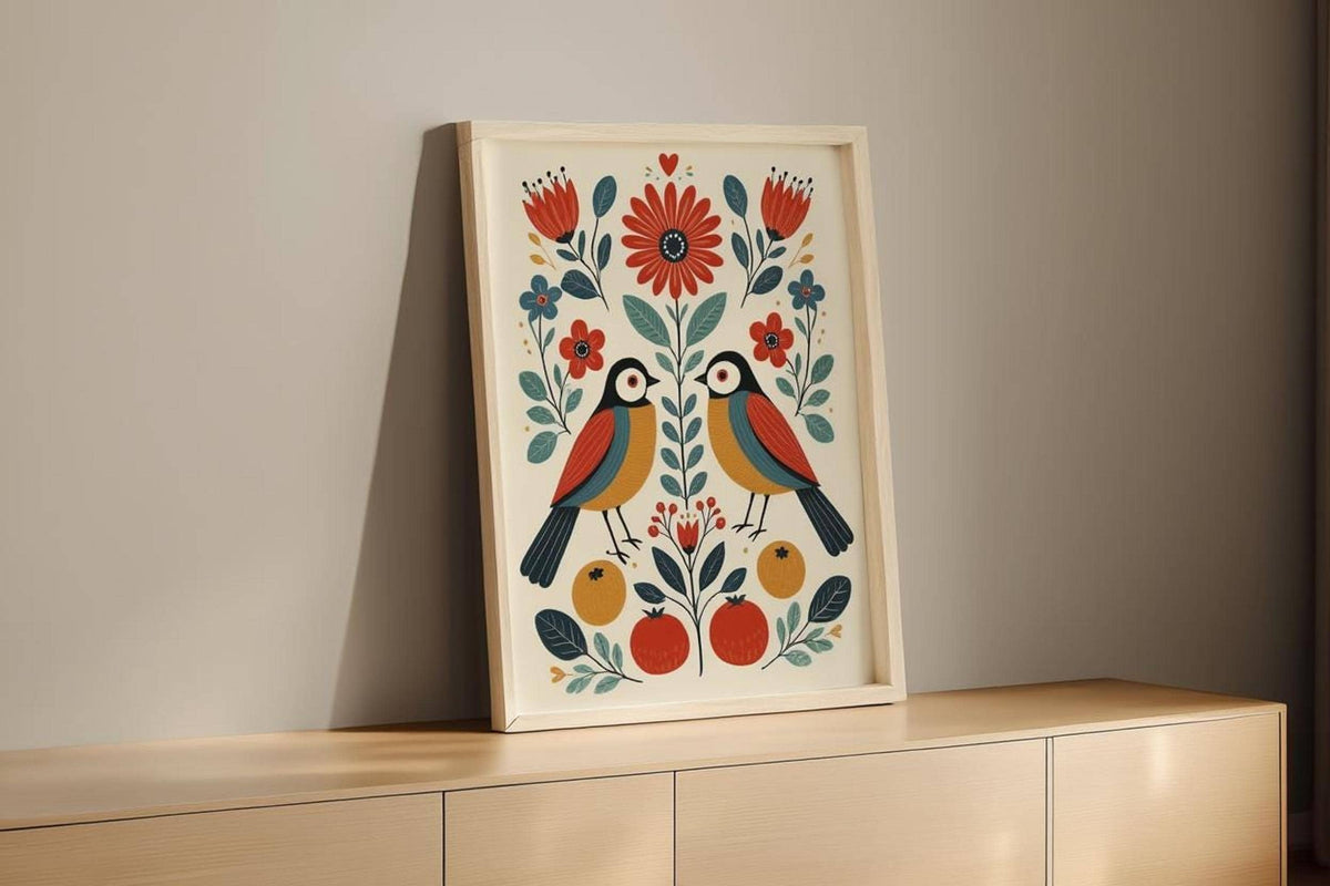 Nordic bird wall art leaning on wooden dresser, warm side lighting highlights hand-painted floral and berry details.