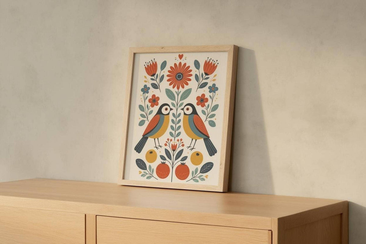 Nordic bird wall art print resting on low cabinet, cream background with orange, dark blue and mustard botanical accents.