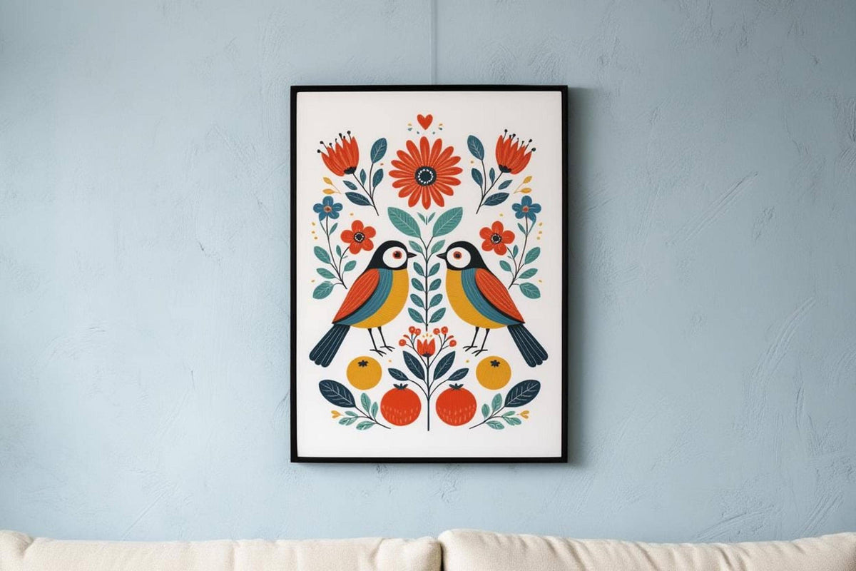 Framed Nordic bird wall art hung on pale blue wall above sofa, bold teal and rust florals, symmetrical folk art design.
