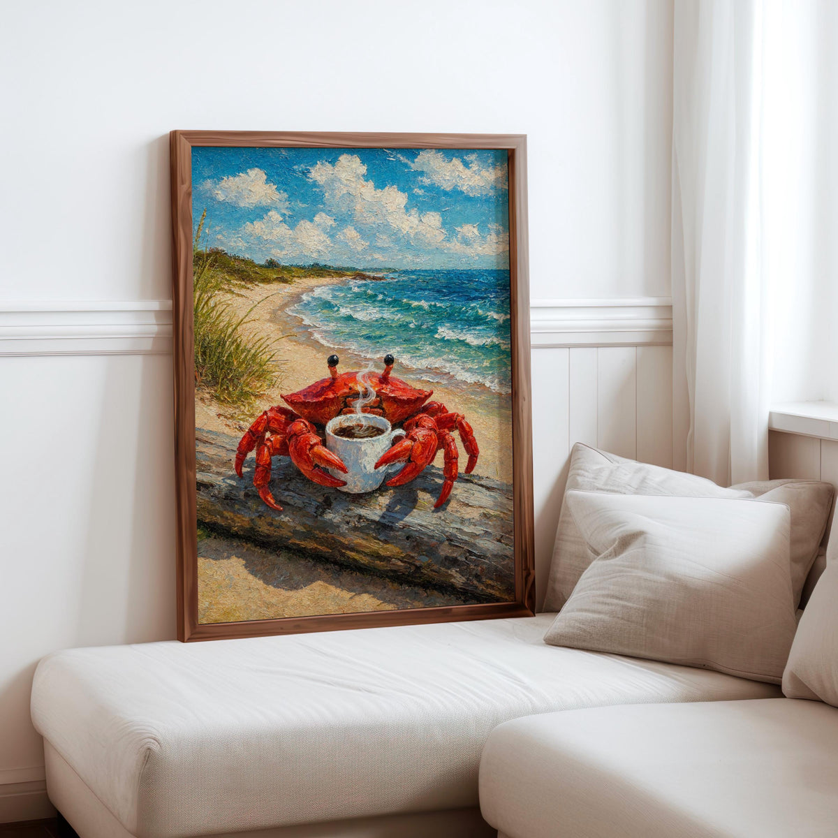 Crab with Coffee Print, Funny Tea Lover Decor, Vintage Quirky Coastal Beach Bar Poster, Ocean Wall Art, Seafood Kitchen Decor, Nautical Gift