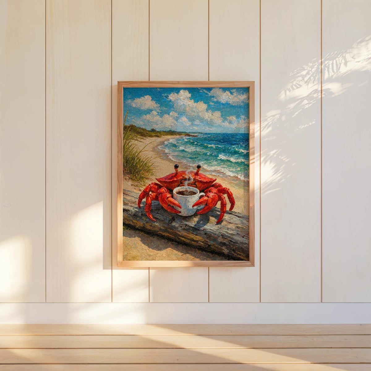 Crab with Coffee Print, Funny Tea Lover Decor, Vintage Quirky Coastal Beach Bar Poster, Ocean Wall Art, Seafood Kitchen Decor, Nautical Gift