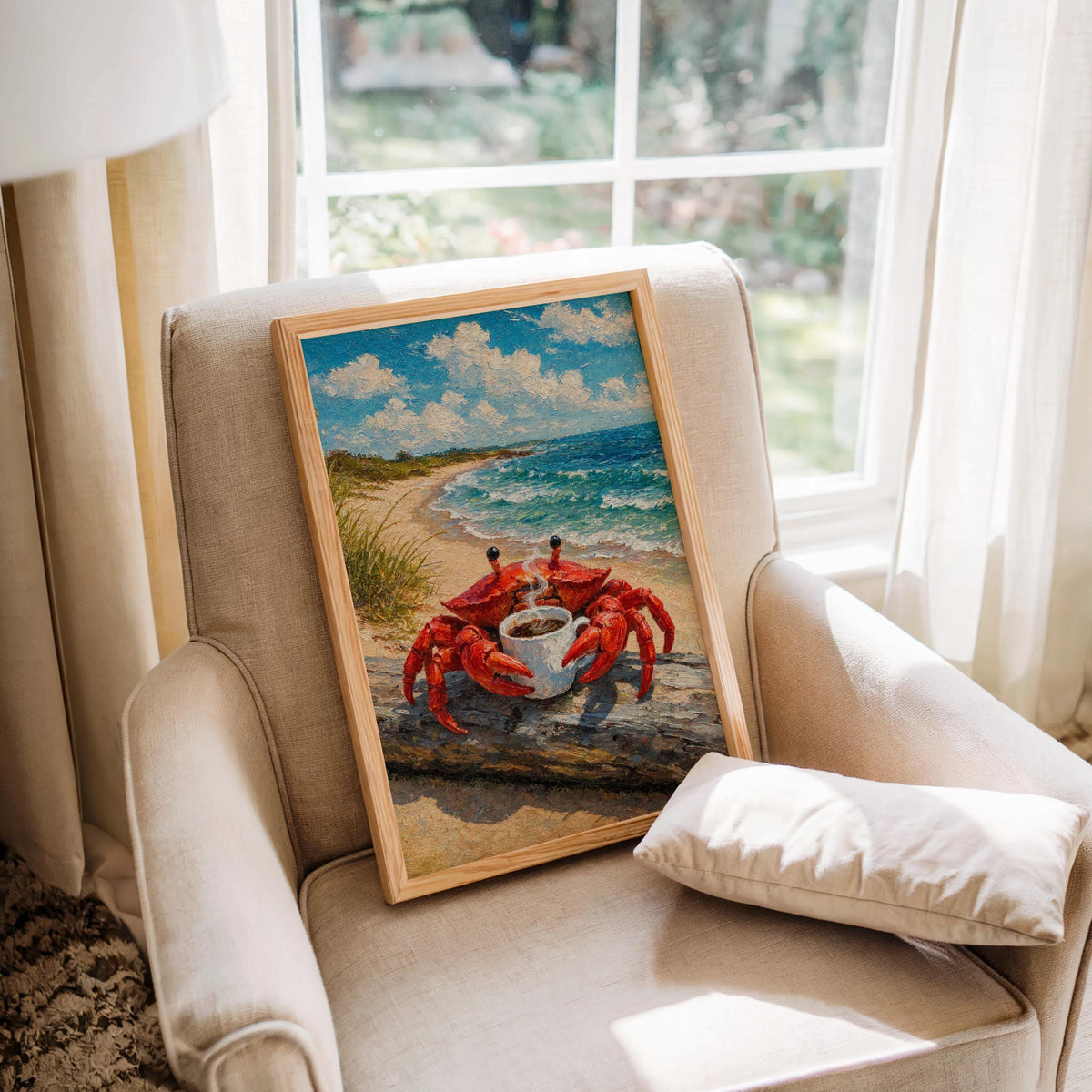 Crab with Coffee Print, Funny Tea Lover Decor, Vintage Quirky Coastal Beach Bar Poster, Ocean Wall Art, Seafood Kitchen Decor, Nautical Gift
