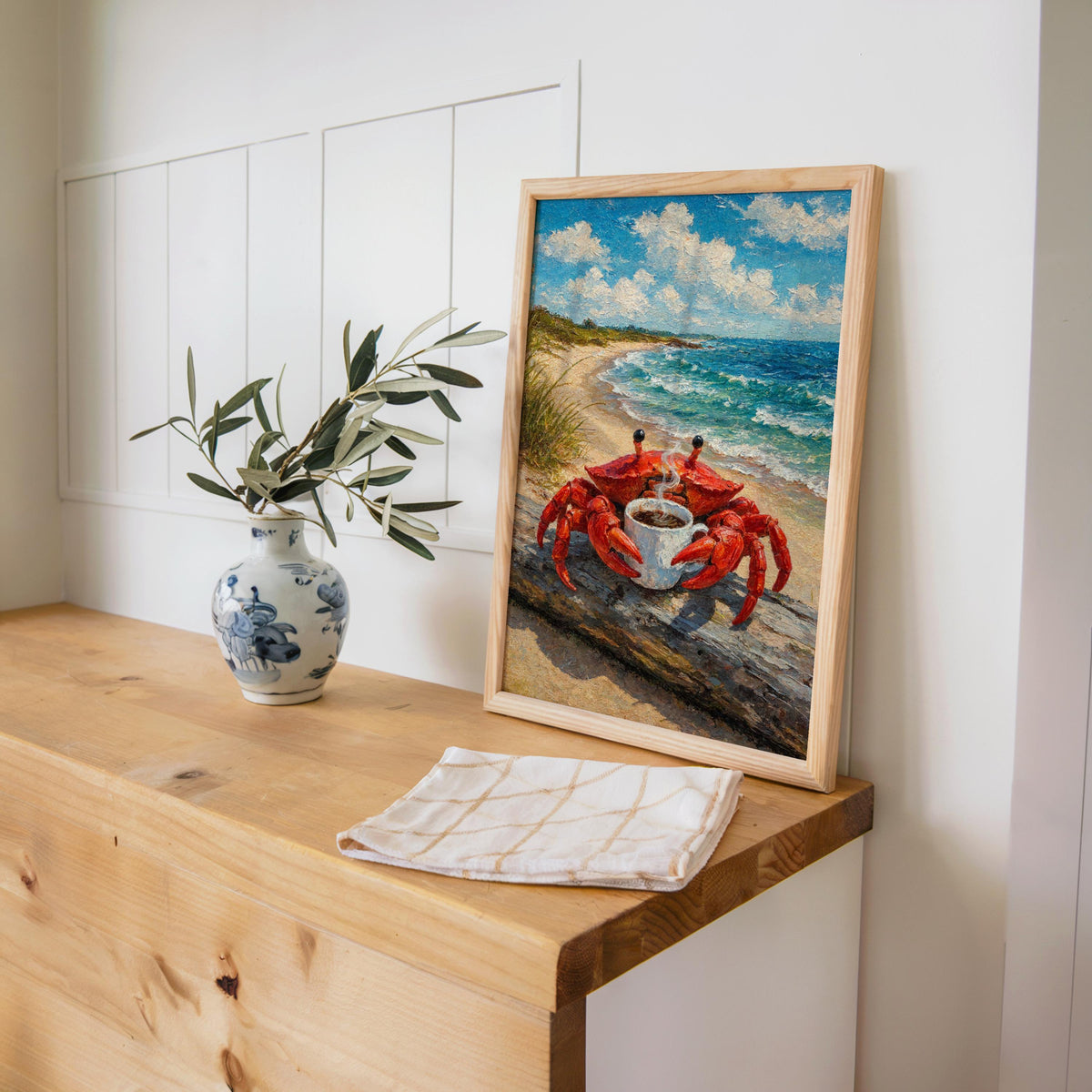 Crab with Coffee Print, Funny Tea Lover Decor, Vintage Quirky Coastal Beach Bar Poster, Ocean Wall Art, Seafood Kitchen Decor, Nautical Gift