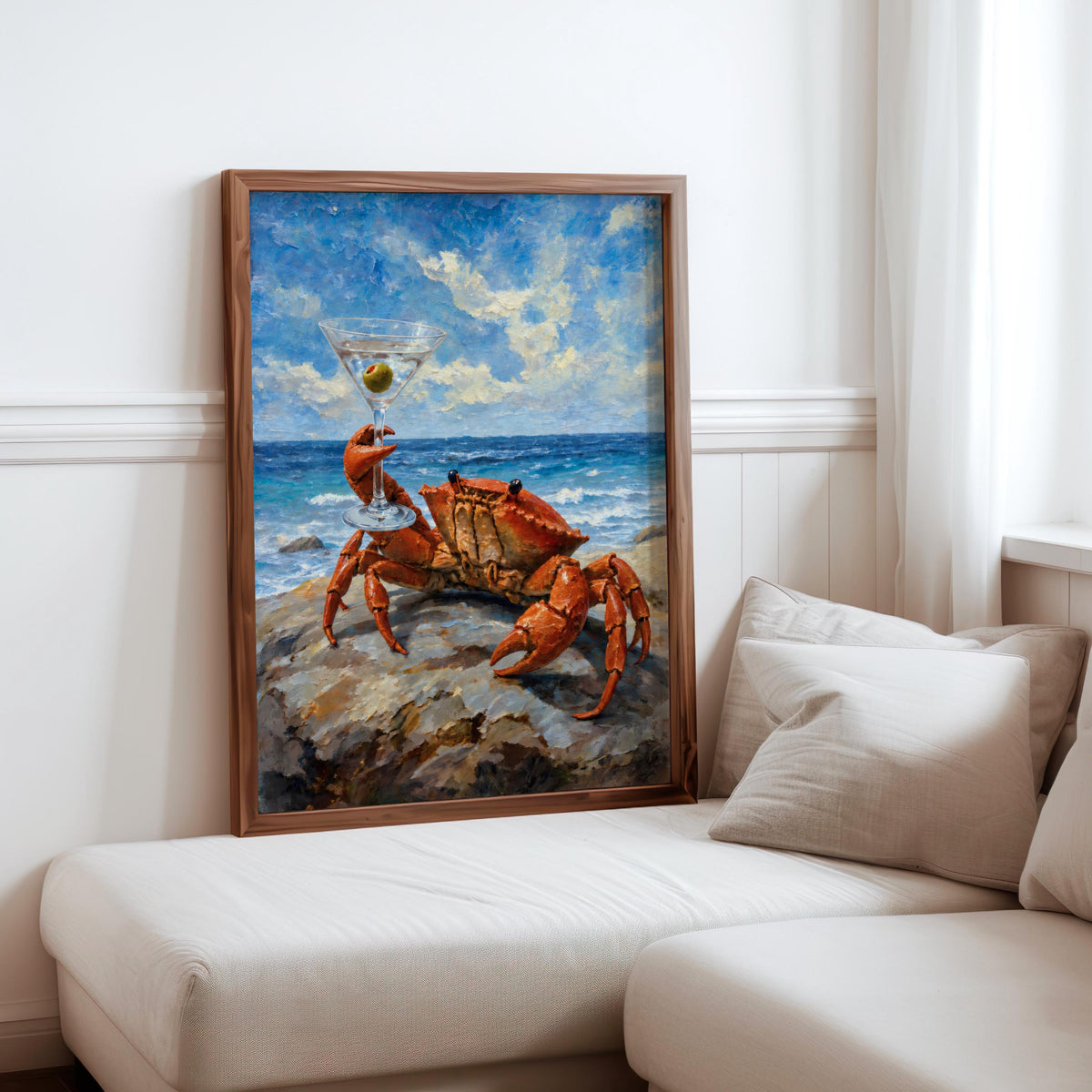 Cin Cin Martini Crab Print, Funny Coastal Bar Poster, Ocean Animal Decor, Vintage Seafood & Cocktail Wall Art, Beach House Nautical Painting